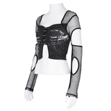 Sheer Mesh Long-Sleeved Crop Top with Cutouts and Print