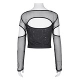 Sheer Mesh Long-Sleeved Crop Top with Cutouts and Print