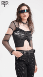 Sheer Mesh Long-Sleeved Crop Top with Cutouts and Print