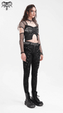 Sheer Mesh Long-Sleeved Crop Top with Cutouts and Print