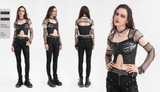 Sheer Mesh Long-Sleeved Crop Top with Cutouts and Print