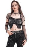 Sheer Mesh Long-Sleeved Crop Top with Cutouts and Print