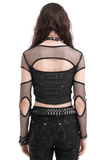 Sheer Mesh Long-Sleeved Crop Top with Cutouts and Print