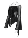 Sheer Off-Shoulder Frilled Mesh Top with Flare Sleeves