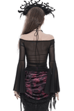 Sheer Off-Shoulder Frilled Mesh Top with Flare Sleeves
