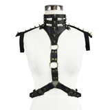 Steampunk-Körpergeschirr mit Totenköpfen und Spikes / sexy Stehkragen aus PU-Leder