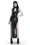 Sleek and Chic Black Faux Leather Long Slit Gown