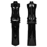 Sleek and Chic Black Faux Leather Long Slit Gown