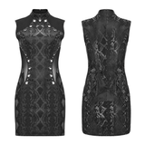 Sleek Sleeveless Punk Dress with a Bold Snake-Skin Pattern