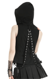 Sleeveless Gothic Hooded Top with Strap Buckle Detail