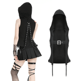 Sleeveless Gothic Hooded Top with Strap Buckle Detail