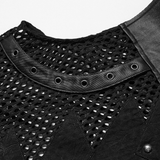 Close-up of a sleeveless punk mesh top with PU leather accents and rivet details for an edgy, stylish look.