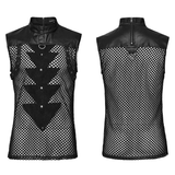 Punk sleeveless mesh top featuring PU leather accents and unique triangular spikes for a bold, edgy style.