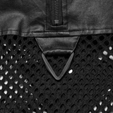 Close-up of a sleeveless punk mesh top featuring PU leather accents and triangular splicing design.