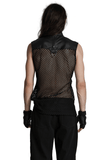 Back view of a sleeveless punk mesh top with PU leather accents and a stylish zipper.