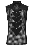 Edgy sleeveless punk top featuring mesh panels, PU leather accents, and a unique triangular design with rivet details.