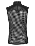 Back view of a sleeveless punk mesh top with PU leather accents and back zipper for easy wear.