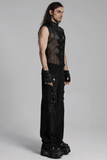 Edgy sleeveless punk mesh top with leather accents, modeled side view, paired with black wide-leg pants and platform boots.