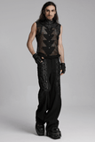 Edgy sleeveless punk mesh top with PU leather accents, worn with buckle details and gloves for a bold look.