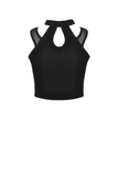 Stylish Crop Top with Mesh Panels and Choker Neckline