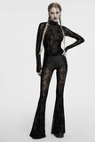 Edgy Gothic Flared Pants with Mesh Panels and Faux Leather