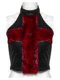 Stylish Halter Cross Fur Top in Faux Leather and Wool