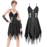 Sultry Zip-Front Dress with Fishnet Asymmetric Hems