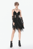 Sultry Zip-Front Dress with Fishnet Asymmetric Hems