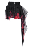 Tiered asymmetrical gothic skirt in black and red with tulle and lace, featuring edgy buckle accents and adjustable lacing.