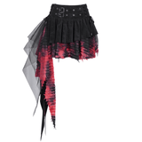 Tiered asymmetrical gothic skirt with tulle and lace in black and red, featuring edgy buckle accents.