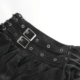 Close-up of the adjustable buckle accents on a black tiered gothic skirt with lace details.