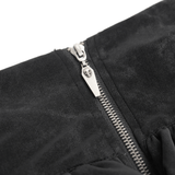 Close-up of the zipper detail on a tiered asymmetrical gothic skirt with skull pull.