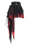 Gothic asymmetrical skirt in black and red with tiered design, lace accents, and edgy buckle details for alternative fashion.