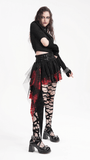 Bold tiered asymmetrical gothic skirt in black and red, paired with edgy accessories and fishnet tights.