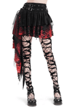 Tiered asymmetrical gothic skirt in black and red with lace and tulle, paired with edgy lace-up stockings.