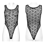 Transparent Black Lace Bodysuit with Spiderweb Pattern