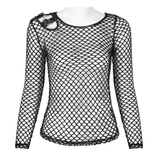 Trendy Punk Mesh Top in Black with Buckle Accents