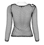 Trendy Punk Mesh Top in Black with Buckle Accents