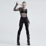 Trendy Punk Mesh Top in Black with Buckle Accents