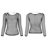 Trendy Punk Mesh Top in Black with Buckle Accents