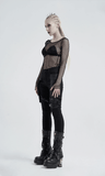 Trendy Punk Mesh Top in Black with Buckle Accents