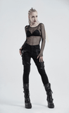 Trendy Punk Mesh Top in Black with Buckle Accents