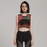 Trendy Red and Black Tie-Dye Mesh Crop Tank