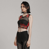 Trendy Red and Black Tie-Dye Mesh Crop Tank