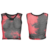 Trendy Red and Black Tie-Dye Mesh Crop Tank