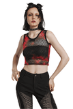 Trendy Red and Black Tie-Dye Mesh Crop Tank