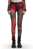 Trendy Red-Black Fishnet Mesh Leggings with a Punk Vibe