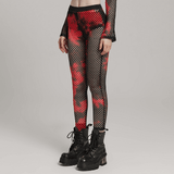 Trendy Red-Black Fishnet Mesh Leggings with a Punk Vibe