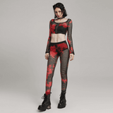 Trendy Red-Black Fishnet Mesh Leggings with a Punk Vibe