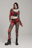 Trendy Red-Black Fishnet Mesh Leggings with a Punk Vibe